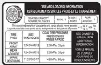 TIRE AND LOADING INFORMATION RESEGMENTS ET LES PNEUS ET LE CHARGEMENT SEATING CAPACITY NOMBRE DE PLACES YOTA 5 FRONT AVANT 2 REAR ANNIÈRE 3 The combined weightful occupants and cargo should never exceed 410 N° 304 S. Le prds total des occupants at du chargement ne de la charge déressant. TIRE PNEU SIZE DIMENSIONS COLD TIRE PRESSURE PRESSION DES PNEUS A FROID SEE OWNER'S MANUAL FROID ADDITIONAL INFORMATION REAR ANNIÈRE P245/49R19 230kPa, 30psi VOR LE MANUEL DE L'USAGER POUI PLUS DE RESEGMENTS SPARE T135/81D17 420kPa, 60psi