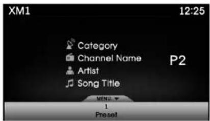 XM1 12:25 Category Channel Name P2 Artist Song Title MENU 1 Preset