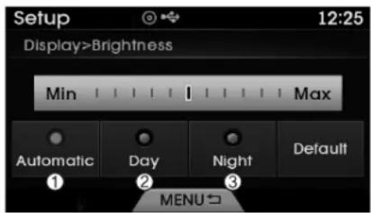Setup 12:25 Display>Brightness Min Max Automatic Day Night Default ① ② ③ MENU