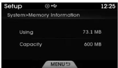 Setup 12:25 System>Memory Information Using 73.1 MB Capacity 600 MB MENU