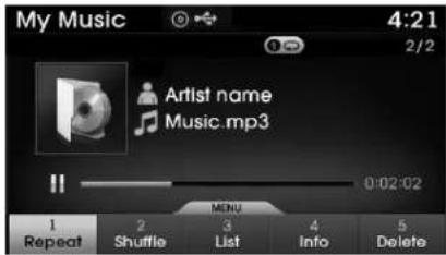 My Music 4:21 2/2 Artist name Music.mp3 0:02:02 MENU Repeat 1 2 Shuffle 3 List 4 Info 5 Delete