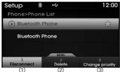 Setup Phone>Phone List Bluetooth Phone Bluetooth Phone MENU 1 Disconnect 2 Delete 3 Change priority ① ② ③
