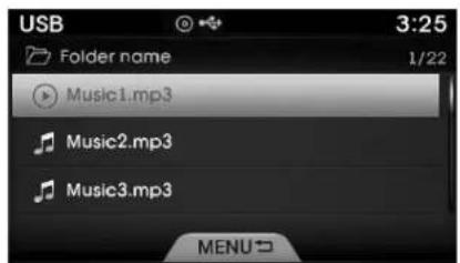 USB Folder name 3:25 1/22 Music1.mp3 Music2.mp3 Music3.mp3 MENU