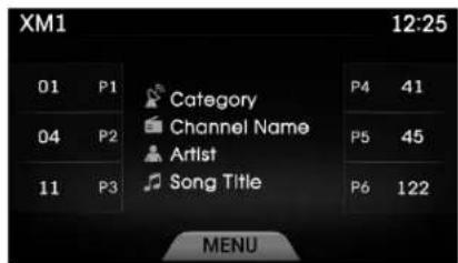 XM1 12:25 01 P1 Category P4 41 04 P2 Channel Name P5 45 11 P3 Artist Seng Title P6 122 MENU