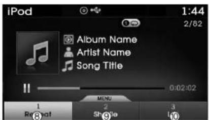 iPod 1:44 2/82 Album Name Artist Name Song Title 0:02:02 MENU 1 Repeat 2 Skie 3 10