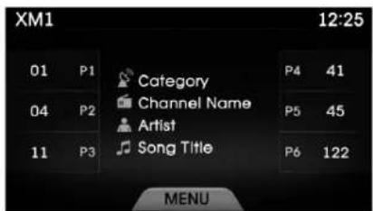 XM1 12:25 01 P1 Category P4 41 04 P2 Channel Name P5 45 Artist 11 P3 Song Title P6 122 MENU
