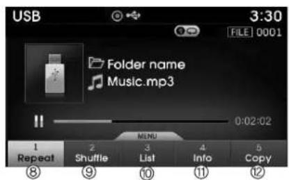 USB 3:30 FILE 0001 Folder name Music.mp3 0:02:02 1 Repeat 2 Shuffle 3 List 4 Info 5 Copy ⑧ ⑨ ⑩ ⑪ ⑫