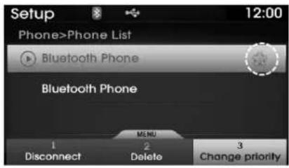 Setup Phone>Phone List Bluetooth Phone Bluetooth Phone 1 Disconnect 2 Delete 3 Change priority