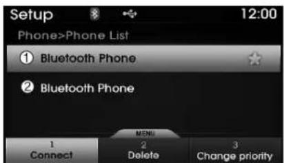 Setup Phone>Phone List ① Bluetooth Phone ② Bluetooth Phone MENU 1 Connect 2 Delete 3 Change priority