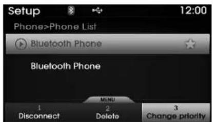 Setup Phone>Phone List Bluetooth Phone Bluetooth Phone MENU 1 2 3 Disconnect Delete Change priority