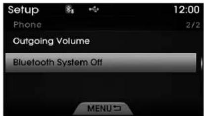 Setup 12:00 Phone 2/2 Outgoing Volume Bluetooth System Off MENU