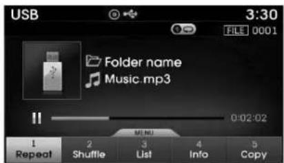 USB 3:30 FILE 0001 Folder name Music.mp3 0:02:02 1 Repeat 2 Shuffle 3 List 4 Info 5 Copy