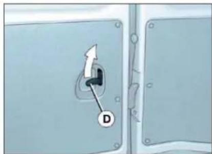 Diagram showing a door lock mechanism with labeled component D and directional arrow