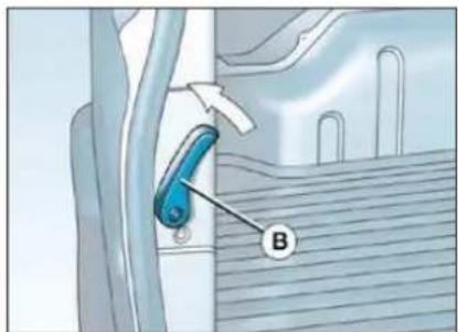 Diagram showing a blue tool labeled 'B' inserted into a mechanical component, with an arrow indicating direction.