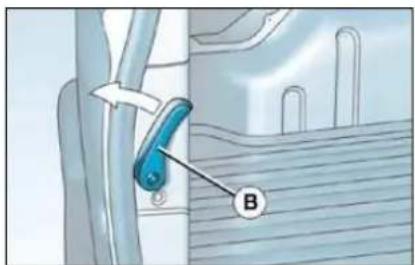 Diagram showing a blue tool labeled 'B' interacting with a wall-mounted device, with an arrow indicating direction.