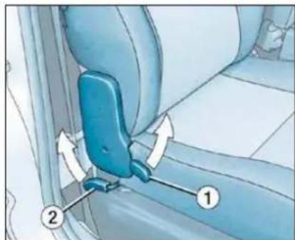 Diagram of a car seatbelt mechanism with labeled parts 1 and 2, showing directional arrows indicating movement.