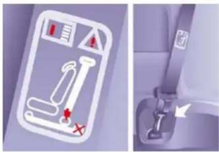 Diagram showing airplane seatbelt components with warning symbols and directional arrows indicating safety or repair points.