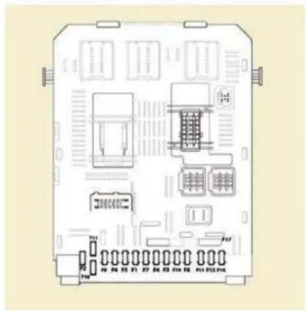 Technical diagram of an electronic device rear panel with labeled ports and connectors