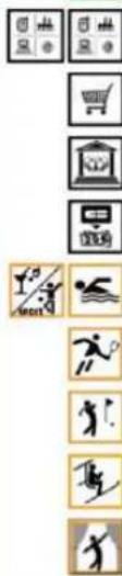 Vertical sequence of icons representing activities like shopping, transportation, and fitness, arranged in a grid layout.