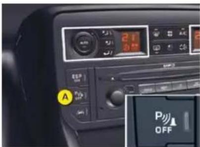 Car dashboard display showing digital status, speedometer, and control panel with 'P' and 'OFF' indicators