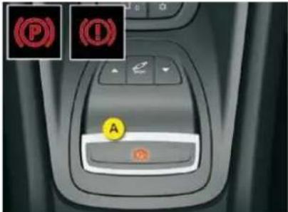 Car interior control panel with circular icons and a labeled 'A' button, showing status indicators for parking or security.