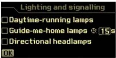 Lighting and signalling Daytime-running lamps Guide-me-home lamps 15s Directional headlamps OK