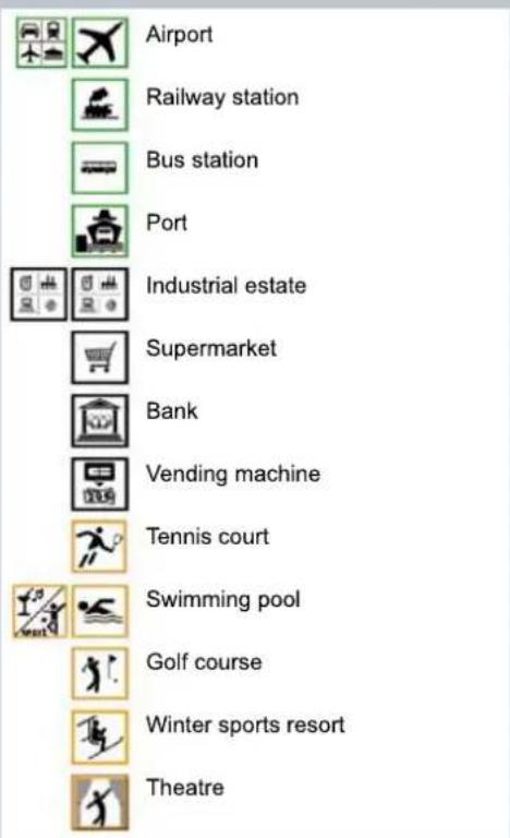 Airport Railway station Bus station Port Industrial estate Supermarket Bank Vending machine Tennis court Swimming pool Golf course Winter sports resort Theatre