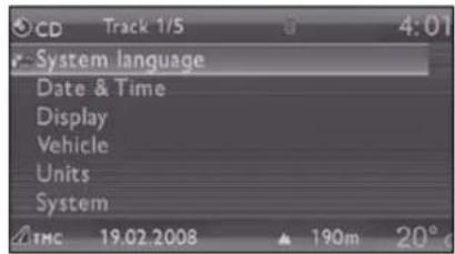 CD Track 1/5 4:01 System language Date & Time Display Vehicle Units System THC 19.02.2008 190m 20°
