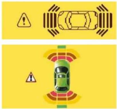 Diagram showing traffic warning symbols and a car collision scenario with warning signs