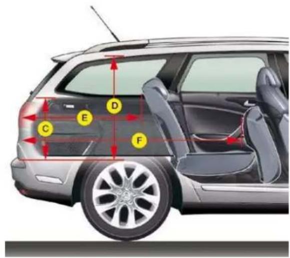 Diagram of a car's rearview and side seats with labeled components (C, D, E, F) and directional arrows indicating vehicle movement or positioning.