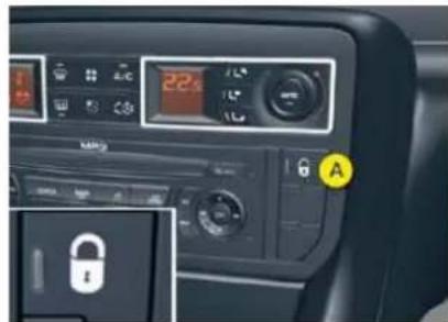 Control panel interface with digital display, rotary knob, and lock icon labeled 'A'