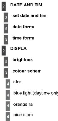 2 DATE AND TIM 3 set date and tim 3 date forms 3 time forms 2 DISPLA 3 brightnes 3 colour scherr 4 stee 4 blue light (daytime only) 4 orange ra 4 blue ti am