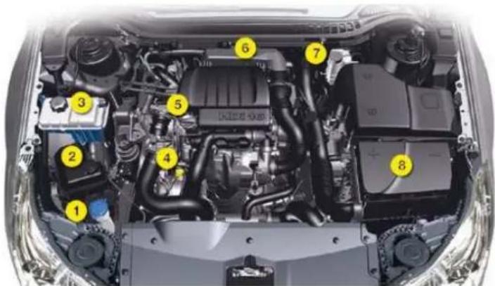 Labeled diagram of a car engine bay with numbered components for identification