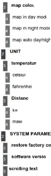 3 map color 4 map in day mod 4 map in night mode 4 map auto day/nlgh 2 UNIT 3 temperatur 4 celsius: 4 fahrenhei 3 Distanc 4 kn 4 mite: 2 SYSTEM PARAMET 3 restore factory co 3 software versio 3 scrolling text