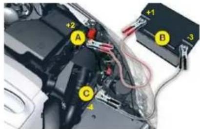 Diagram of car electrical wiring with labeled components A, B, and C, showing connections and wiring paths