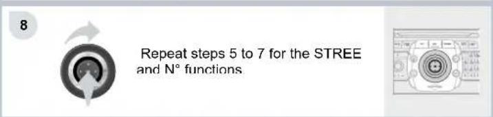 8 Repeat steps 5 to 7 for the STREE and N° functions.