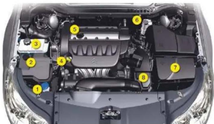 Labeled diagram of a car engine bay with numbered components for identification