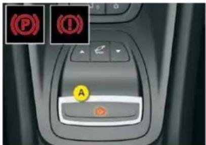 Car interior control panel with warning icons and a highlighted 'A' button