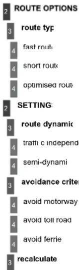 ROUTE OPTIONS route typ fast rout short route optimised rout SETTING: route dynamic tratti c independe semi-dynami avoidance criter avoid motorway avoid toll road avoid ferrie recalculate