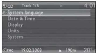CD Track 1/5 4:01 System language Date & Time Display Units System TMC 19.02.2008 190m 20°