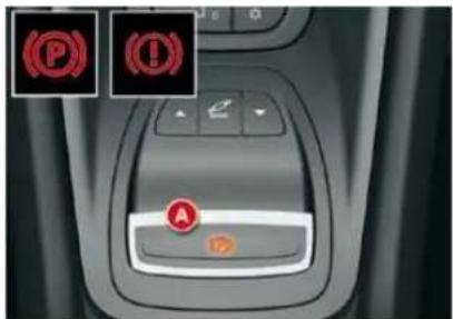 Car interior control panel with red warning icons and labeled buttons, including a 'P' and (!) symbols