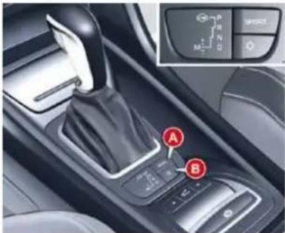 Car interior control panel with labeled buttons and a digital display showing P, R, N, M, O controls