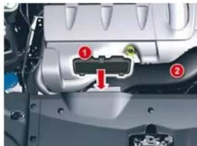 Technical diagram of a mechanical component with numbered parts and a red arrow indicating a specific feature.