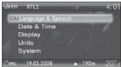 Language & Speech Date & Time Display Units System TMC 19.02.2008 190m 20°