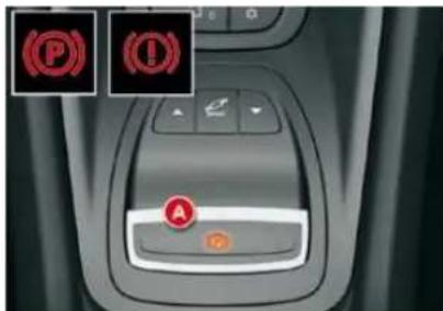 Car interior control panel with red warning icons and a labeled 'A' button