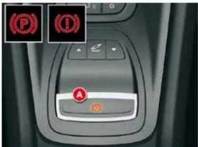 Car interior control panel with red warning icons and a 'A' button, showing vehicle status indicators