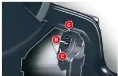 Technical diagram of a mechanical component with labeled parts B and C