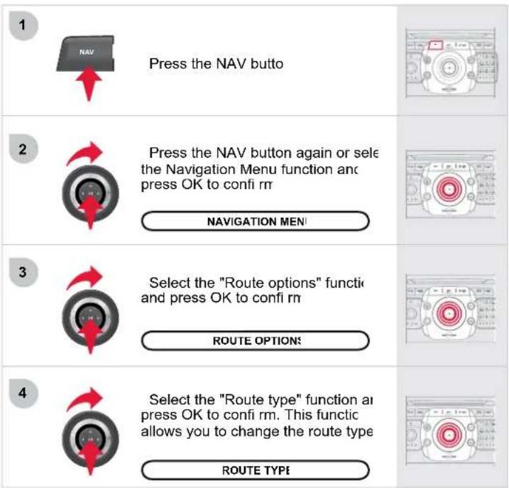 1 Press the NAV butto 2 Press the NAV button again or select the Navigation Menu function and press OK to confi rr NAVIGATION MEN 3 Select the "Route options" functi and press OK to confi rr ROUTE OPTIONS 4 Select the "Route type" function ai press OK to confi rm. This functic allows you to change the route type ROUTE TYPE