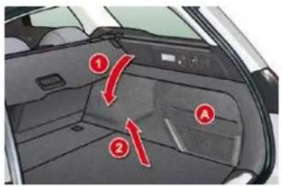 Diagram of a car interior showing labeled compartments and directional arrows, with numbers 1 and 2 indicating specific areas.