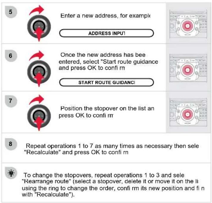 5 Enter a new address, for example ADDRESS INPUT 6 Once the new address has bee entered, select "Start route guidance and press OK to confi rr START ROUTE GUIDANCI 7 Position the stopover on the list an press OK to confi rr 8 Repeat operations 1 to 7 as many times as necessary then sele "Recalculate" and press OK to confi rr To change the stopovers, repeat operations 1 to 3 and sele "Rearrange route" (select a stopover, delete it or move it on the li using the ring to change the order, confi rm its new position and fi n with "Recalculate").